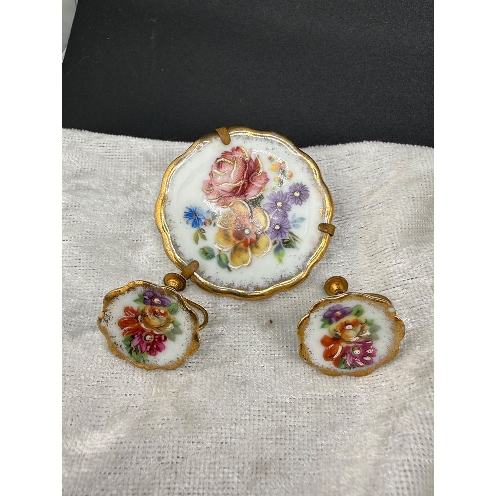 Vintage Limoges Brooch Earrings Set Gold Floral Hand Painted Porcelain READ